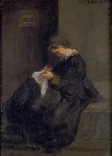 Mme Pissarro sewing, c1860. Creator: Camille Pissarro