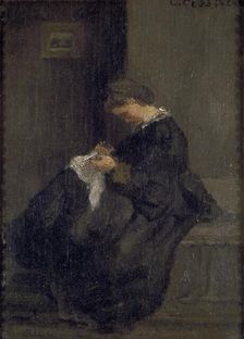 Mme Pissarro sewing, c1860. Creator: Camille Pissarro