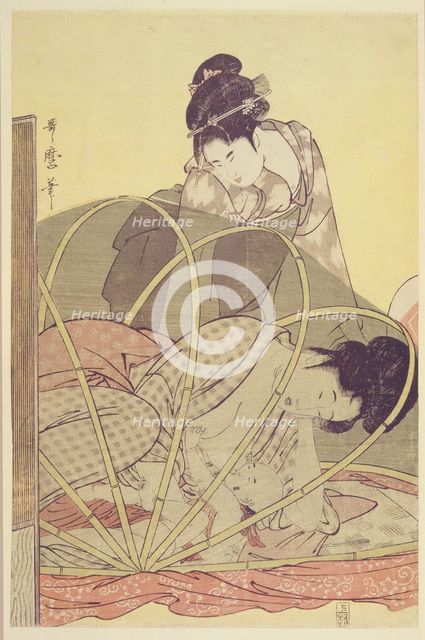 Mother Nursing Baby under Mosquito Net, c. 1795. Artist: Utamaro, Kitagawa (1753-1806)