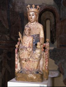 Mother of God of Veciana polychromed wood sculpture from Santa Maria de Veciana, virgin with …