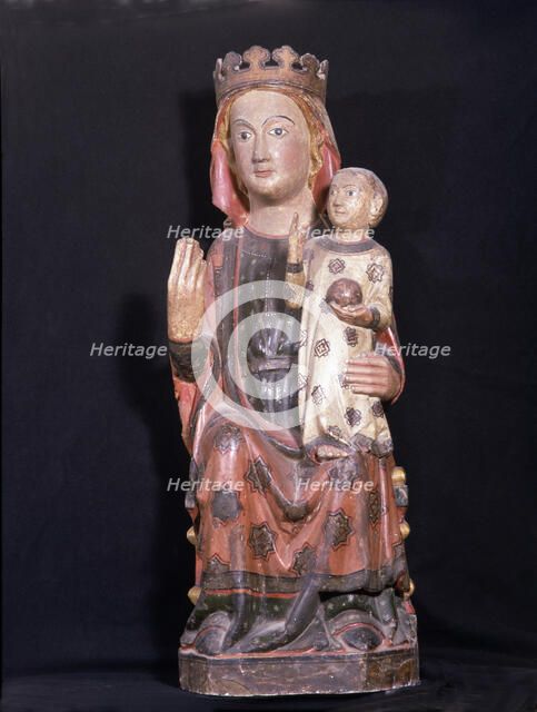  'Mother of God', polychromed wood sculpture. Virgin seated, with his right hand raised while hol…