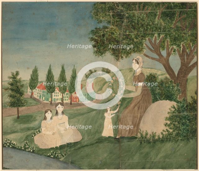 Mother and Three Children Making a Floral Wreath, c. 1825. Creator: Unknown.
