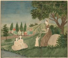 Mother and Three Children Making a Floral Wreath, c. 1825. Creator: Unknown