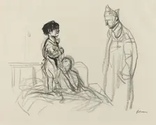 Mother and Child Visited by Soldier in Hospital, c. 1914/1919. Creator: Jean Louis Forain