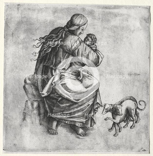 Mother and Child with Two Dogs, late 1400s. Creator: Unknown.