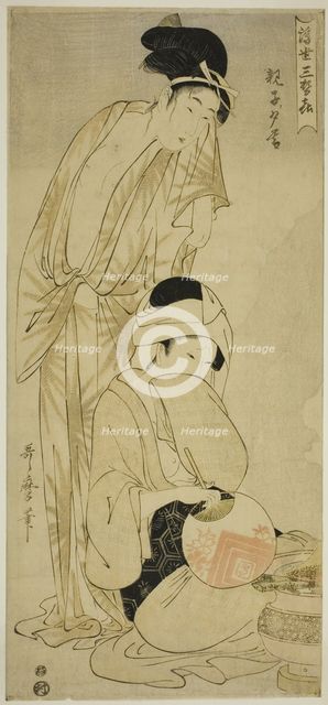 Mother and Child at Dusk (Oyako yugure), from the series "Three Evening Pleasure of the..., c. 1800. Creator: Kitagawa Utamaro.