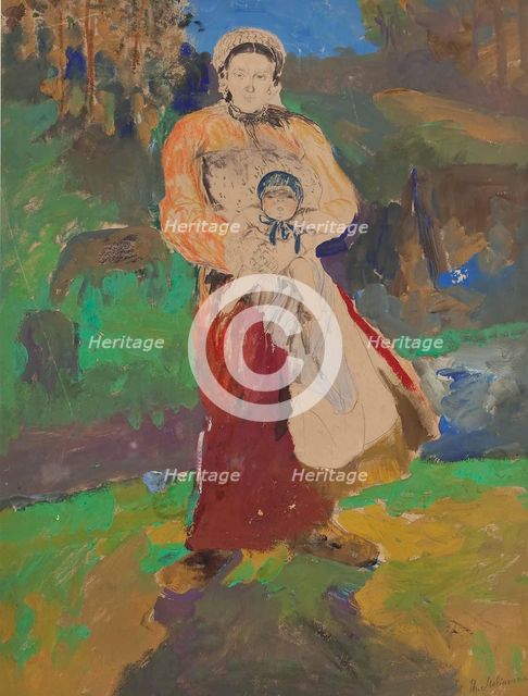 Mother and Child in Landscape. Artist: Malyavin, Filipp Andreyevich (1869-1940)