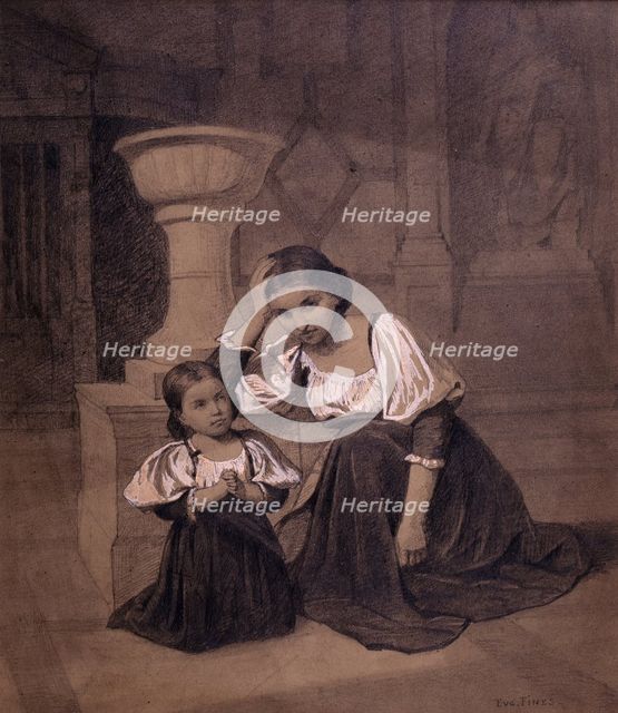 Mother and Child in Prayer, 19th century. Creator: Eugene Francois Fines.