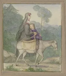 Mother and child riding on a donkey, 19th century. Creator: Unknown