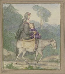 Mother and child riding on a donkey, 19th century. Creator: Unknown