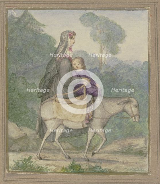 Mother and child riding on a donkey, 19th century. Creator: Unknown.