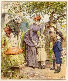Mother and Children by a Beehive, pub. 1854. Creator: Robert Barnes (1840 - 1895)