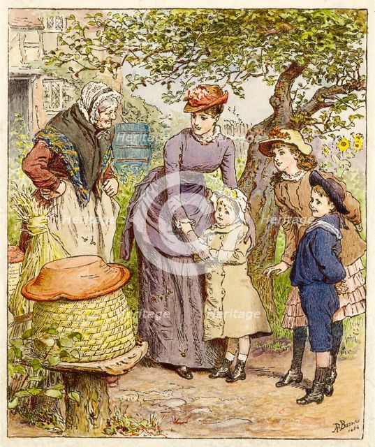 Mother and Children by a Beehive, pub. 1854. Creator: Robert Barnes (1840 - 1895).