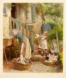 Mother and Children hanging out the Washing, pub. 1854. Creator: Robert Barnes (1840 - 1895)