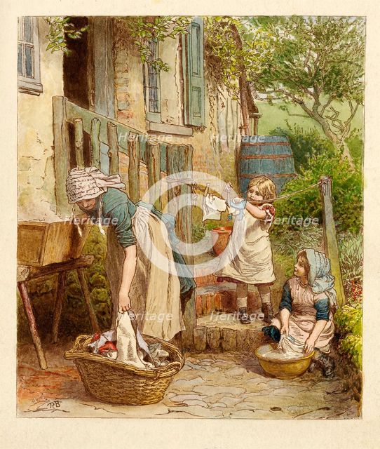 Mother and Children hanging out the Washing, pub. 1854. Creator: Robert Barnes (1840 - 1895).