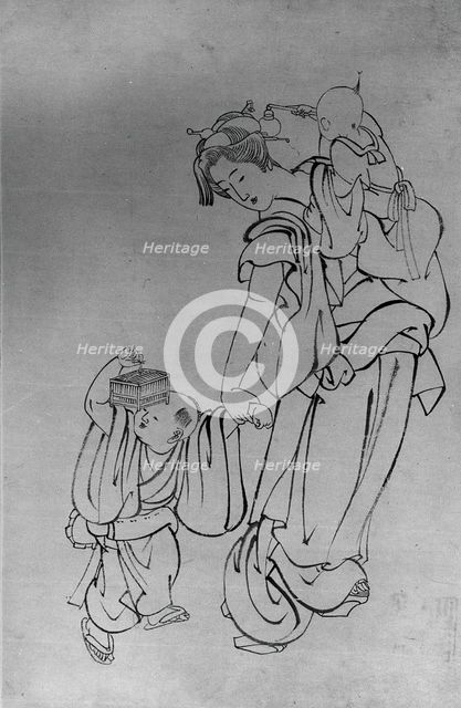 Mother and Children in Summer Night, 18th-19th century. Creator: School of Katsushika Hokusai.