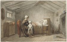 Mother and daughter at a child's sickbed, 1862. Creator: Diederik Franciscus Jamin