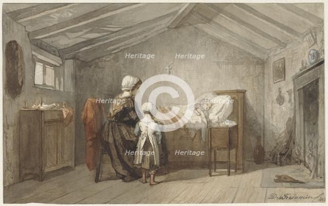 Mother and daughter at a child's sickbed, 1862. Creator: Diederik Franciscus Jamin.