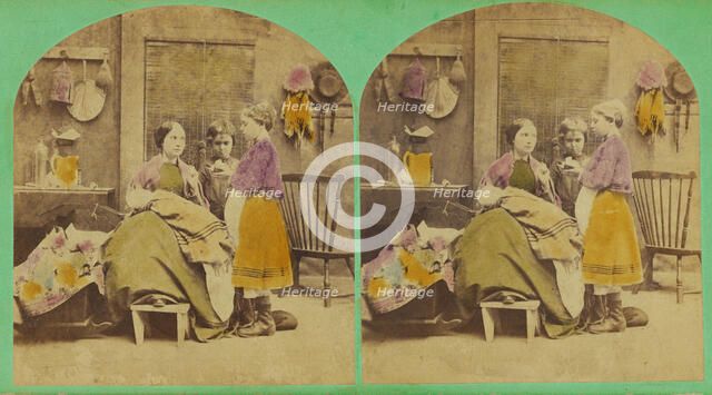 Mother seated with two daughters. From the Comic Group series., 1870s. Creator: Charles A. Beckford.