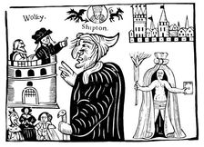 Mother Shipton (1488-c1560) prophesying the death of Cardinal Wolsey