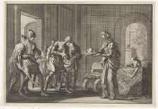 Mother shows warriors the remains of her eaten child during the famine in Jerusalem , 1704. Creator: Luyken, Jan (Johannes) (1649-1712)