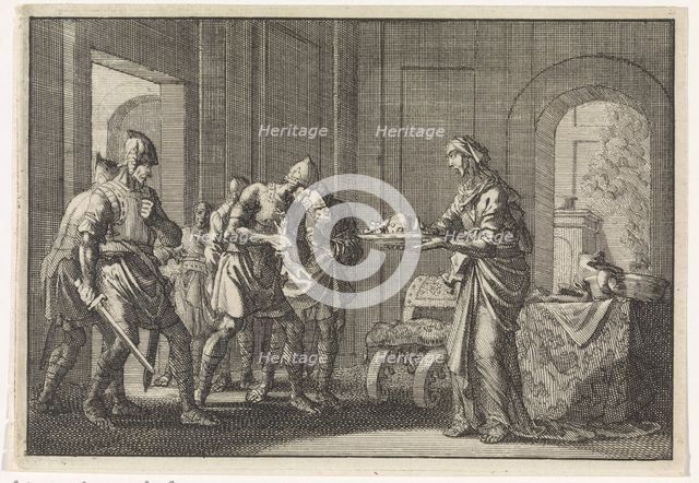 Mother shows warriors the remains of her eaten child during the famine in Jerusalem , 1704. Creator: Luyken, Jan (Johannes) (1649-1712).