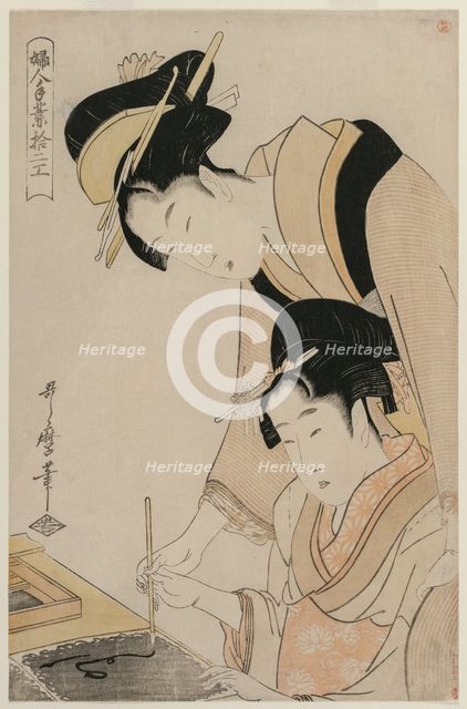 Mother Teaching her Daughter Calligraphy, from the series, Twelve Occupations of Women, c. 1798. Creator: Kitagawa Utamaro (Japanese, 1753?-1806).