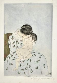 Mother's Kiss, 1890-1891. Creator: Cassatt, Mary (1845-1926)