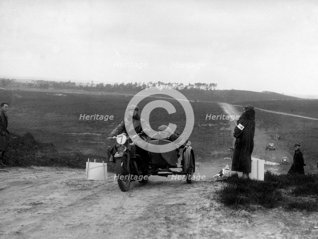 Motorcycle and sidecar competing in a motoring trial, Bagshot Heath, Surrey, 1930s. Artist: Bill Brunell.