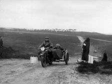 Motorcycle and sidecar competing in a motoring trial, Bagshot Heath, Surrey, 1930s. Artist: Bill Brunell
