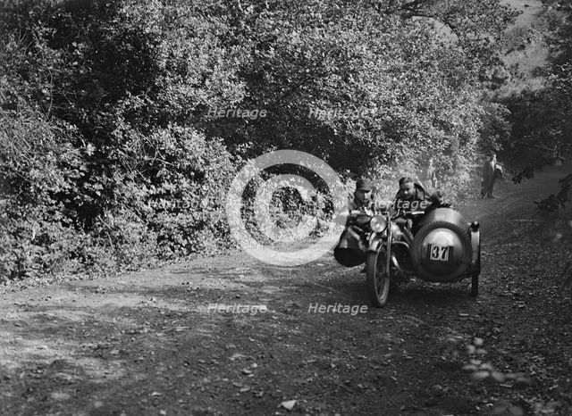 Motorcycle and sidecar of HD Jongs, Brighton and Hove Motor Club Brighton-Beer Trial, 1930. Artist: Bill Brunell.