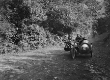 Motorcycle and sidecar of HD Jongs, Brighton and Hove Motor Club Brighton-Beer Trial, 1930. Artist: Bill Brunell