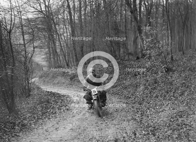 Motorcycle competing in the Inter-Varsity Trial, November 1931. Artist: Bill Brunell.