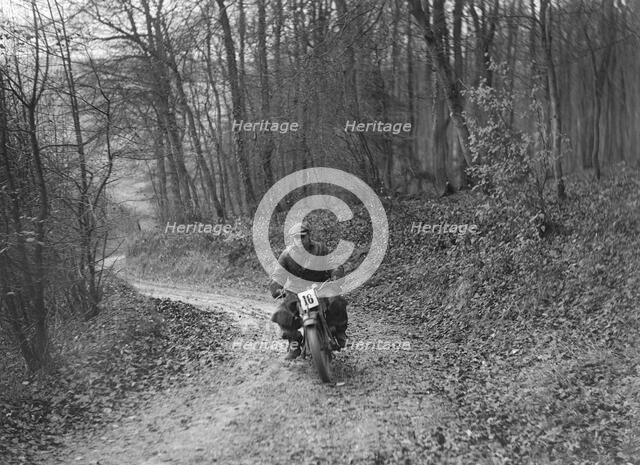 Motorcycle competing in the Inter-Varsity Trial, November 1931. Artist: Bill Brunell.