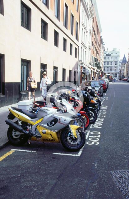 Motorcycle parking area, London 1999. Artist: Unknown.