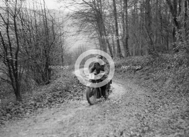 Motorcycle ridden by RD Quincy competing in the Inter-Varsity Trial, November 1931. Artist: Bill Brunell.