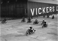 Motorcycles racing at the MCC Members Meeting, Brooklands, 10 September 1938. Artist: Bill Brunell