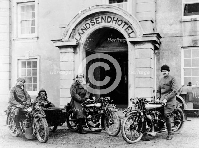 Motorcyclists with Mk1 Brough Superiors outside the Land's End Hotel, Cornwall, 1921. Artist: Unknown