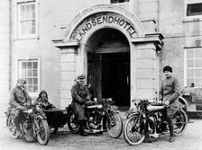 Motorcyclists with Mk1 Brough Superiors outside the Land's End Hotel, Cornwall, 1921