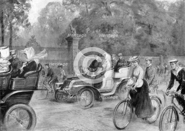 Motors and cycles in Kensington High Street, London, 1903. Artist: Percy Spence