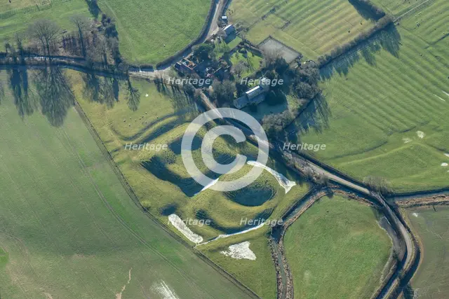 Motte and bailey castle and fishpond earthwork, Lilbourne, Northamptonshire, 2023. Creator: Damian Grady.