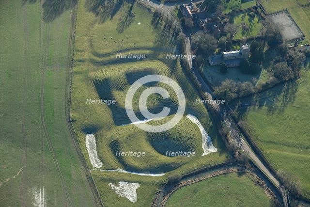 Motte and bailey castle and fishpond earthwork, Lilbourne, Northamptonshire, 2023. Creator: Damian Grady.