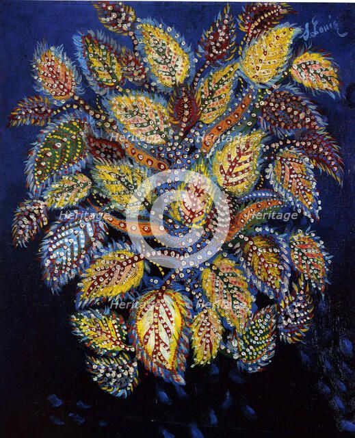 Mottled flowers on a blue ground, 1929. Creator: Louis (Séraphine de Senlis), Séraphine (1864-1942).