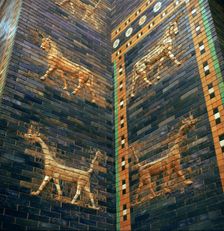 Moulded bricks from the Ishtar Gate showing lions and mushrushu, 7th century BC