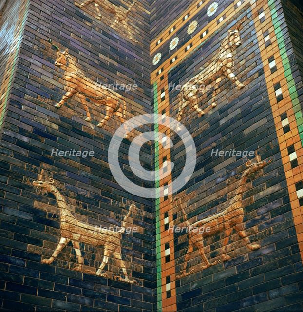 Moulded bricks from the Ishtar Gate showing lions and mushrushu, 7th century BC Artist: Unknown