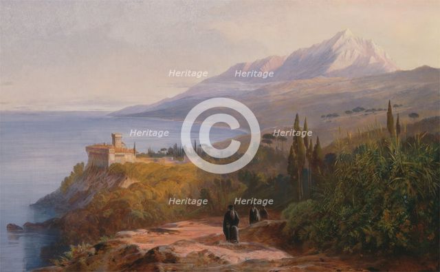Mount Athos and the Monastery of Stavronikétes, 1857. Creator: Edward Lear.
