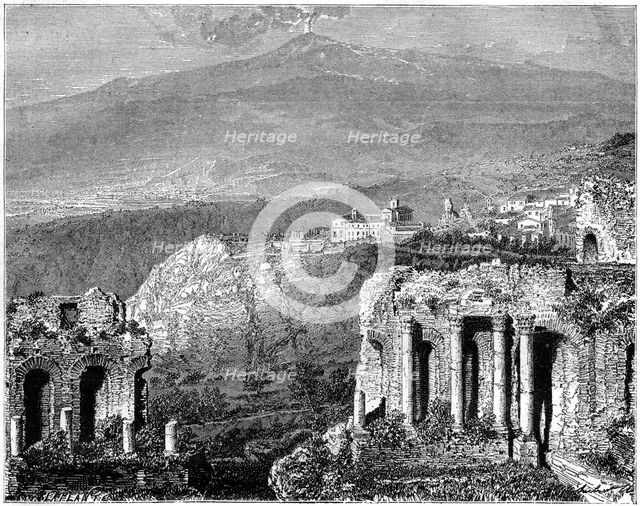 Mount Etna and a view of Taormina, Sicily, Italy, 19th century. Artist: Hubert Clerget
