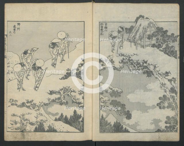 Mount Fuji under a Bridge (left); Mount Fuji behind a Net (right), from One Hundred Vi..., ca. 1847. Creator: Hokusai.