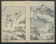 Mount Fuji under a Bridge (left); Mount Fuji behind a Net (right), from One Hundred Vi..., ca. 1847. Creator: Hokusai