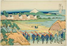 Mount Fuji Seen from the Senju Pleasure Quarter (Senju kagai yori chobo no Fuji)..., c. 1830/33. Creator: Hokusai